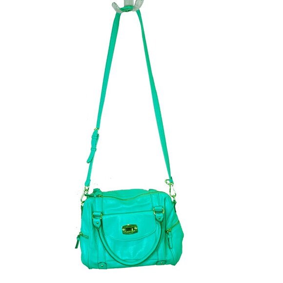 Vintage man-made Teal Merona purse with handles and shoulder strap - Picture 2 of 7